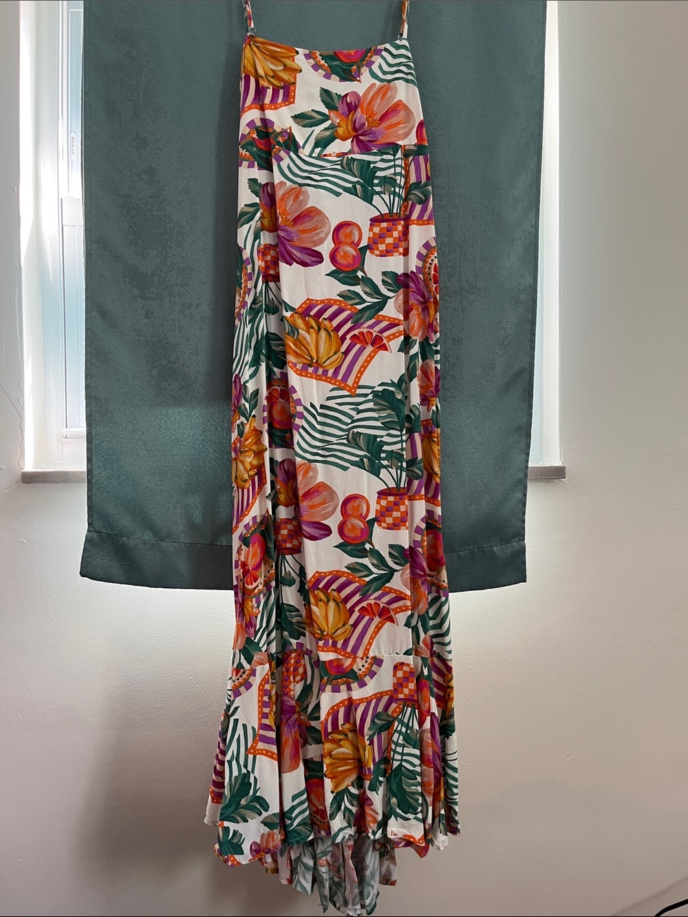 Floral Tropical White Maxi Dress with Green & Pink Prints